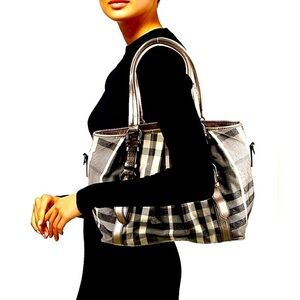 Burberry Gray and Black Plaid Shoulder Tote